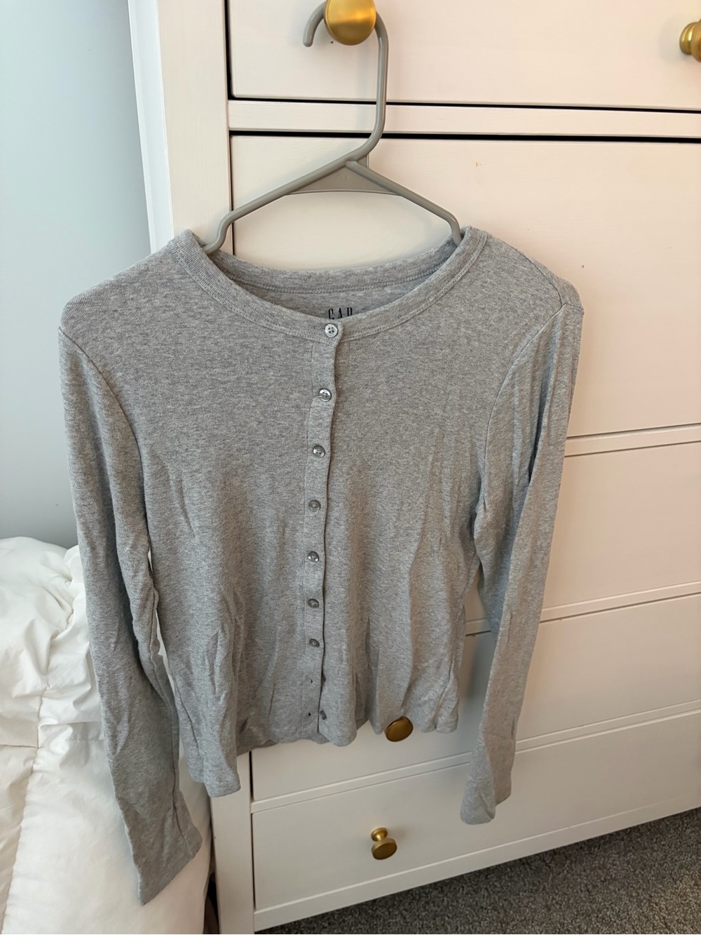 GAP Light Gray Heather Button-Up Crewneck Top